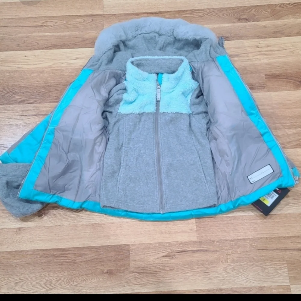 GERRY 3-in-1 Kids Gray/Teal Rain & Puffer Hooded Jacket Combo With Beani…